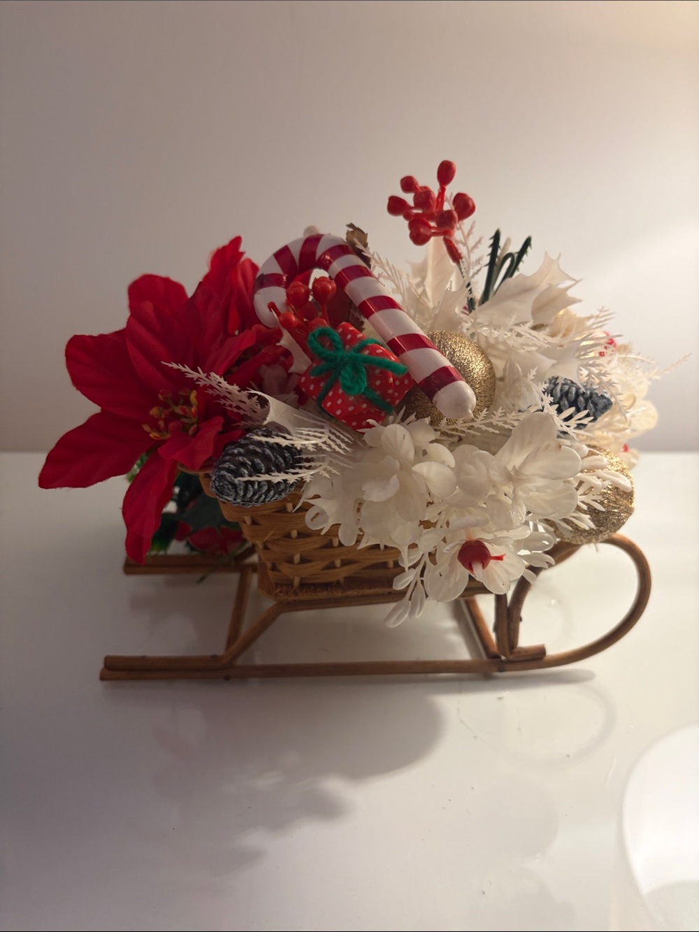 Vintage Wicker Sleigh Christmas Centerpiece Arrangement Cottagecore